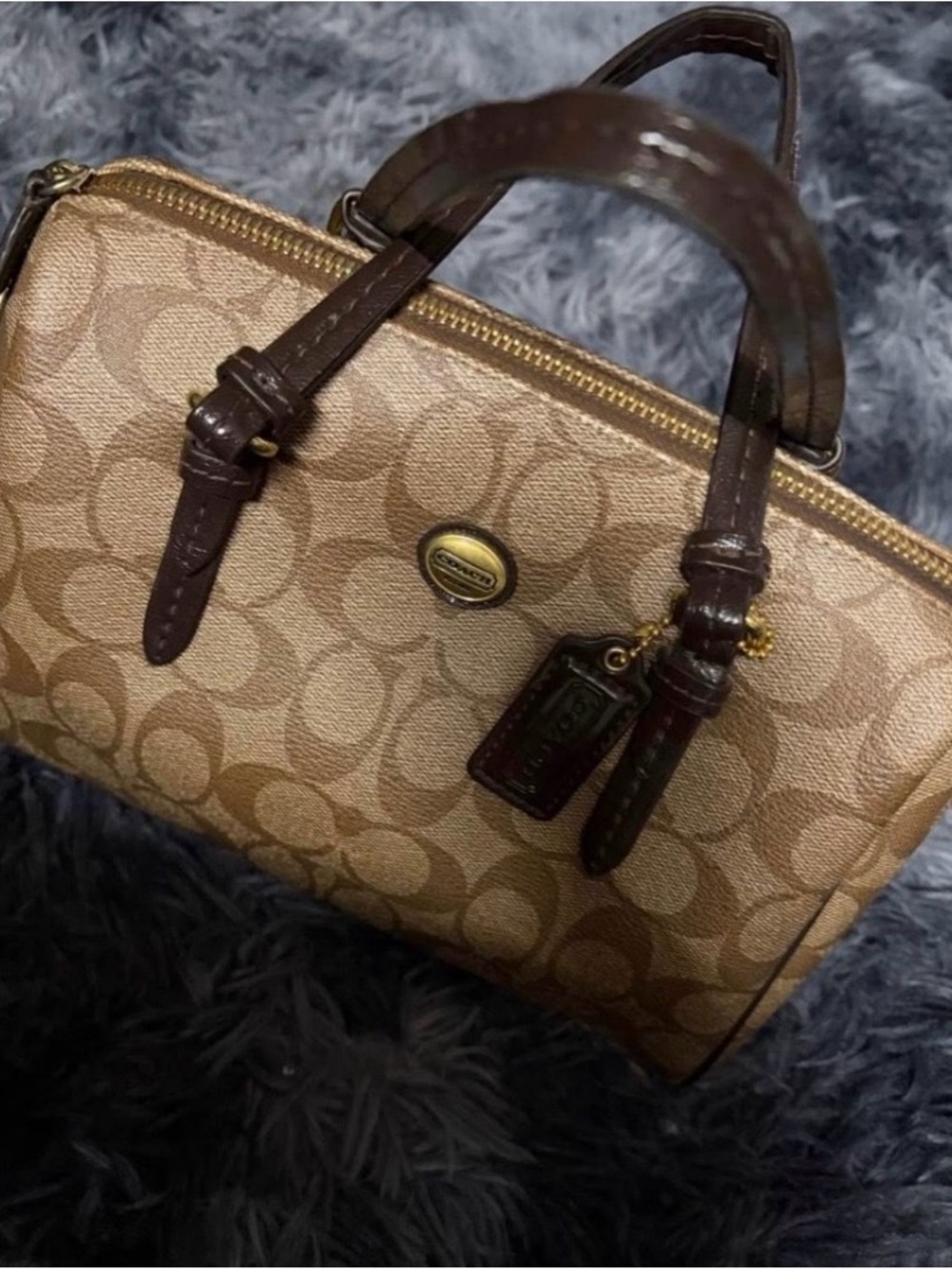 Coach Signature Canvas Satchel in Tan and Dark Brown